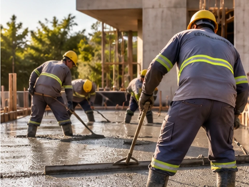 Equipe nivelando concreto fresco